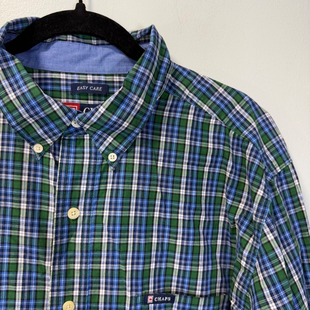 Chaps Mens XL Easy Care Long Sleeve‎ Plaid Button Down Shirt Green Blue